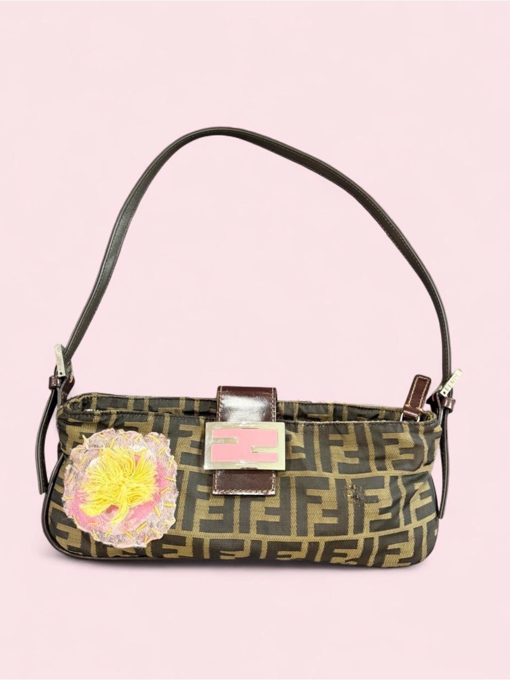 Fendi Zucca Monogram Baguette Pochette flap with floral design
